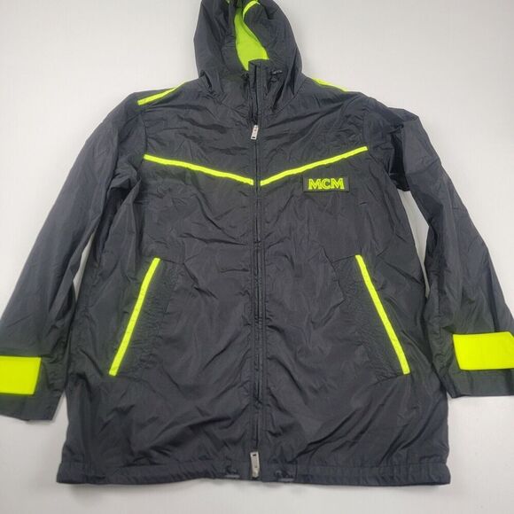 MCM Men's Flo Black Nylon Rubber Logo Parka Windbreaker Jacket Oversized Medium - Picture 2 of 14